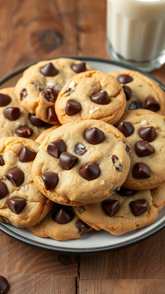 A tempting plate of chocolate chip cookies with sea salt, accompanied by a glass of milk on a wooden table.